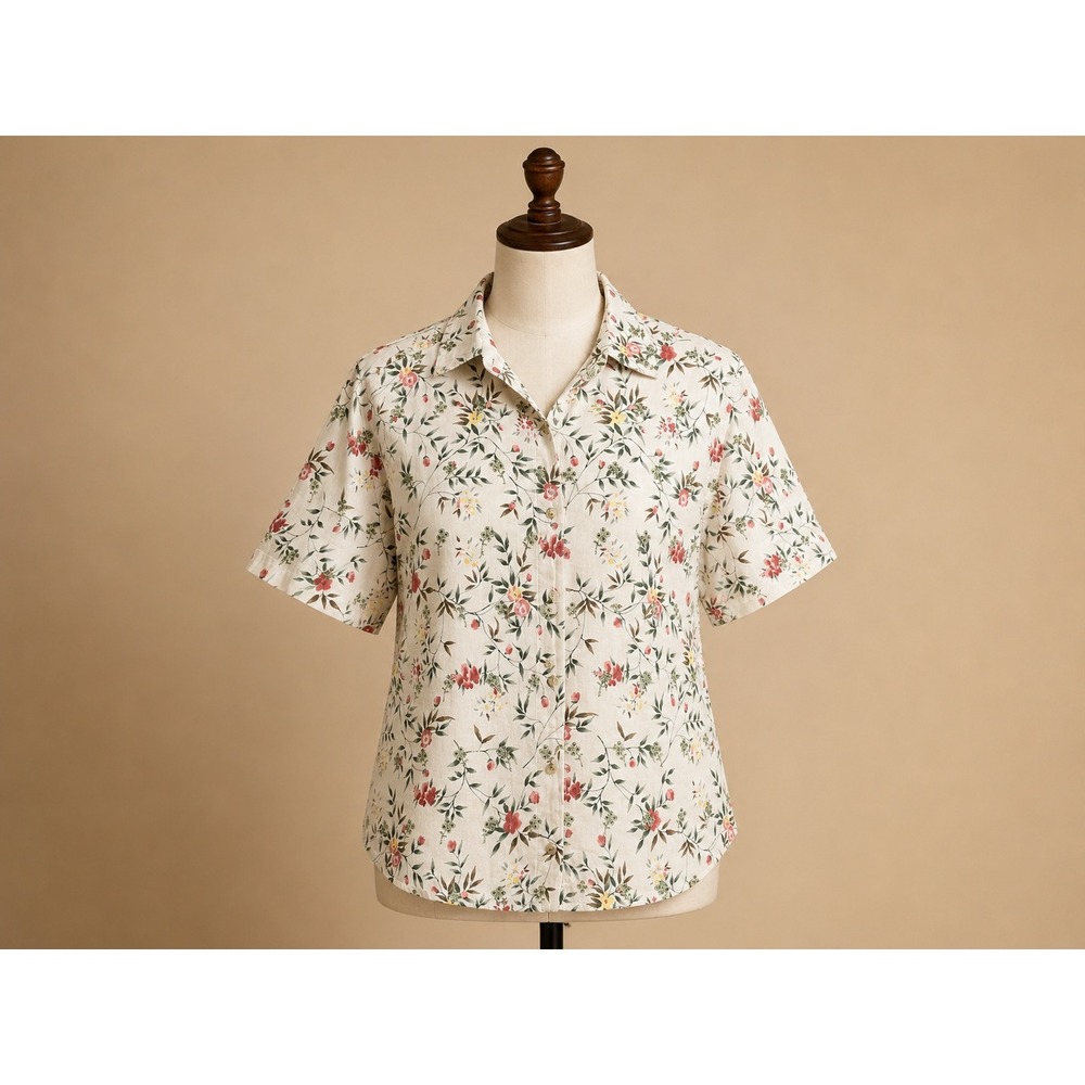 Dress Barn Button Down Shirt Womens XL Cream Floral Cotton Linen Short Sleeve